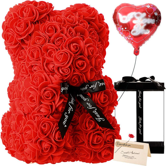  Rose Flower Bear W/Clear Gift Box and Greeting Card (Red)